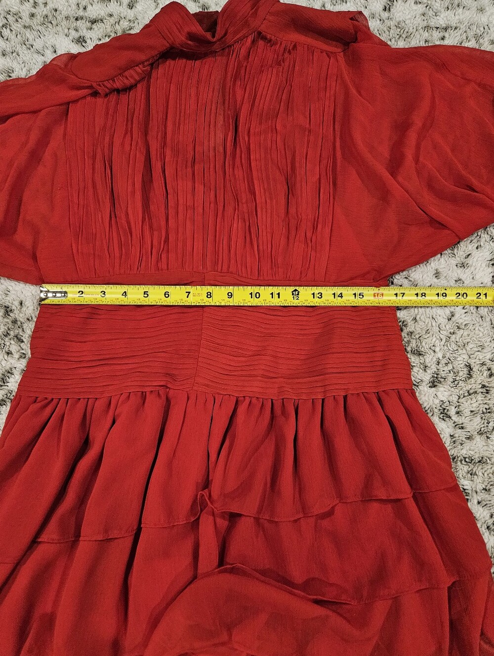Express SZ 14 Red Mini Dress Lined Pleated Tiered Semi Sheer Balloon Sleeve - Picture 6 of 11